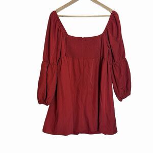 EXLURA Square Neck Dress Long Puff Sleeve A-Line Short Mini Dress Red XL Tunic